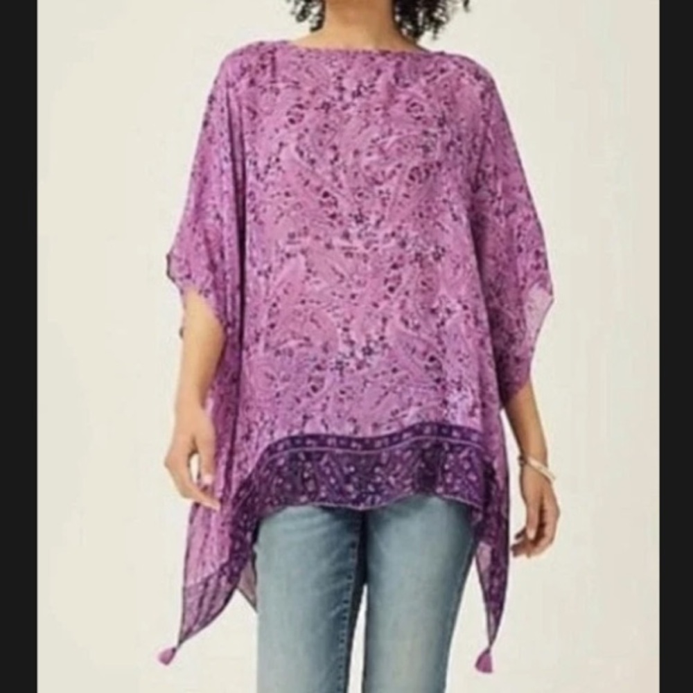 J JILL Floral Paisley Print Poncho Modal Rayon Top Tassels OS S-L Magenta Beach